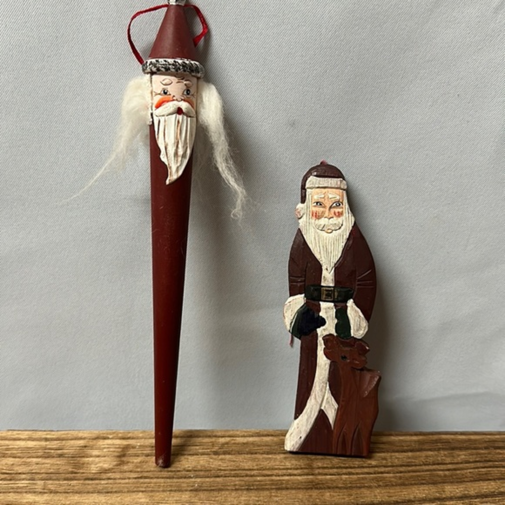 Set‎ of (2) old works Santa ornaments wood maroon primitive hand carved